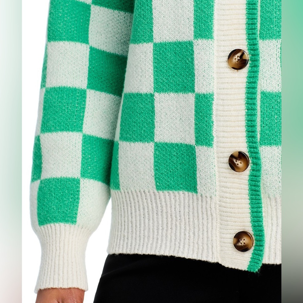 Aqua V-Neck Button Up Mint Green White Checkerboard Sweater Cardigan Large Retro - Picture 5 of 10